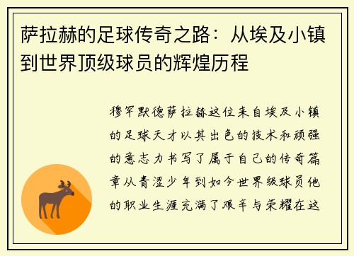 萨拉赫的足球传奇之路：从埃及小镇到世界顶级球员的辉煌历程
